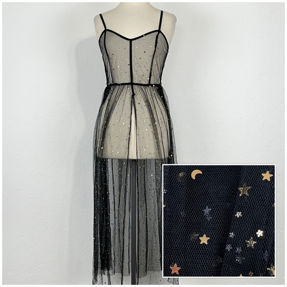 Witchy Celestial Whimsigoth Sheer Dress Size Medium Black Moon Star Mesh Layer